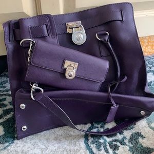 Michael Kors Sachel Purse and Matching Wallet Plum with Silver Accents